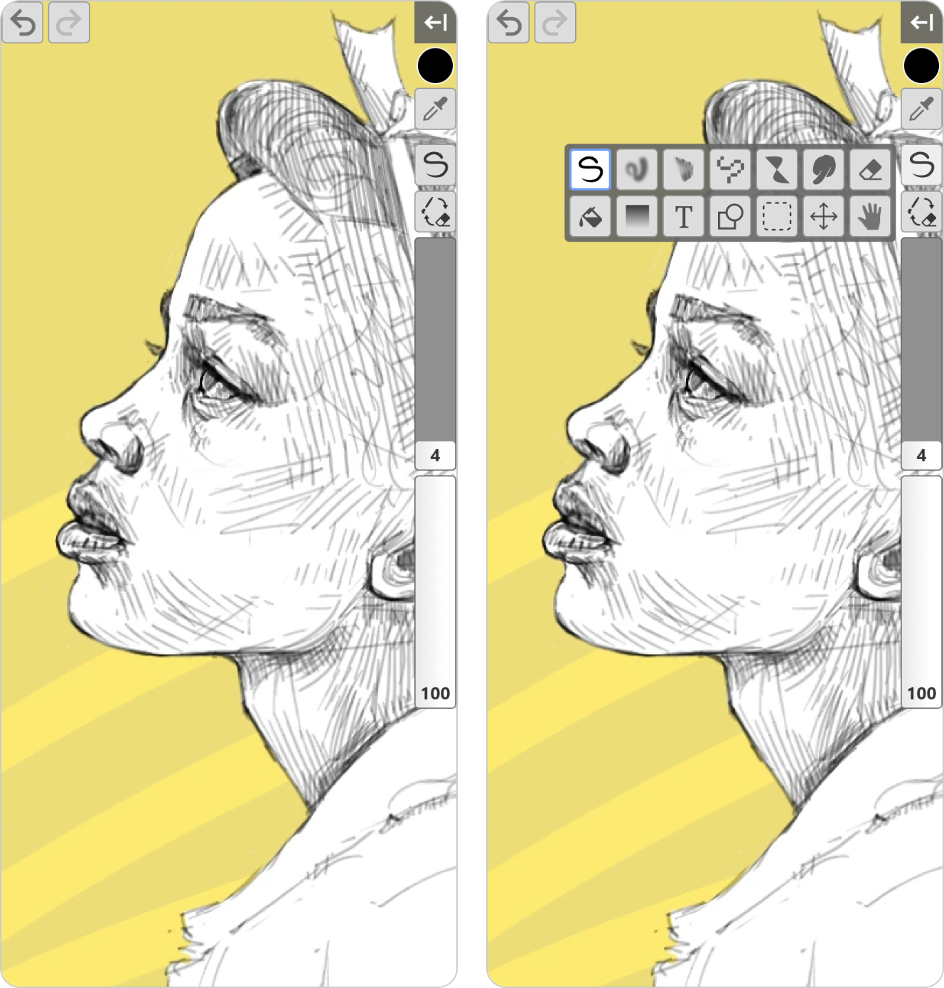 Kleki on a phone with the tool panel hidden. Left: compact controls. Right: the tool picker