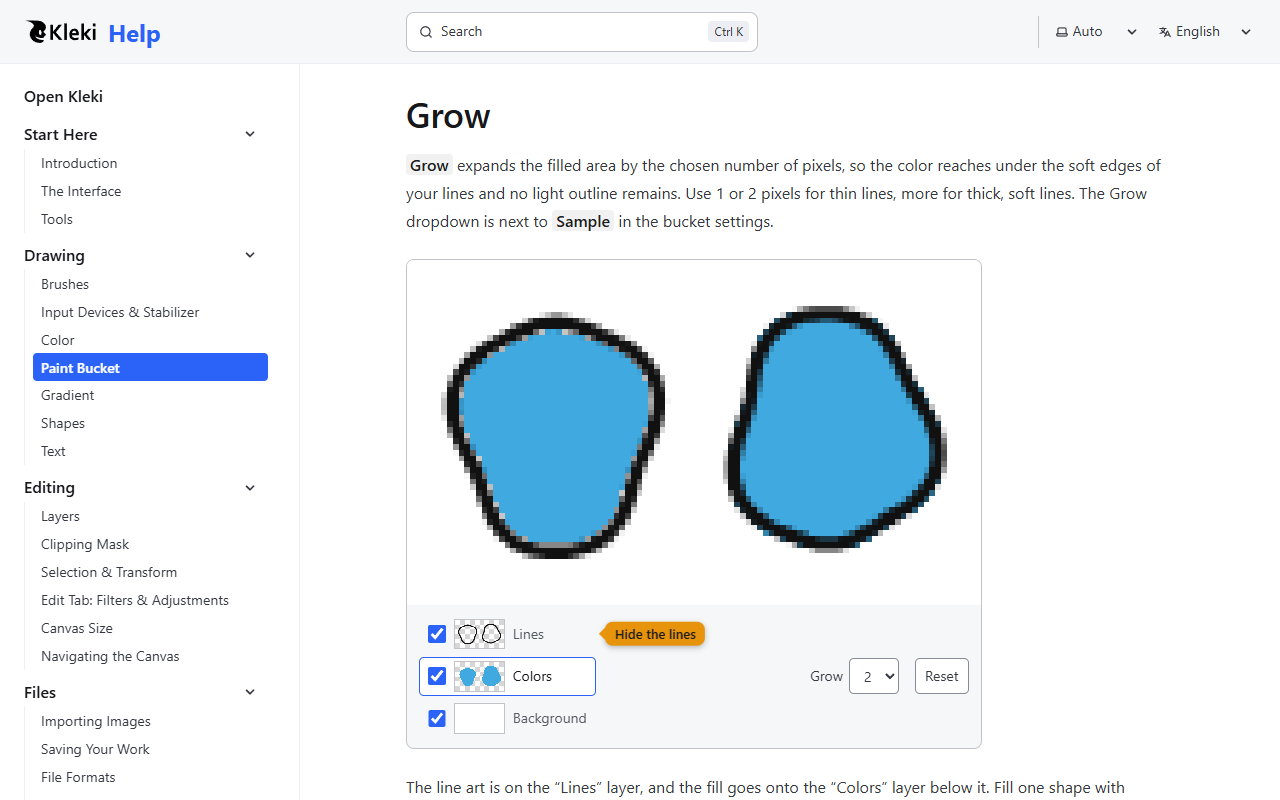 Interactive widget on the paint bucket help page, demonstrating the Grow setting